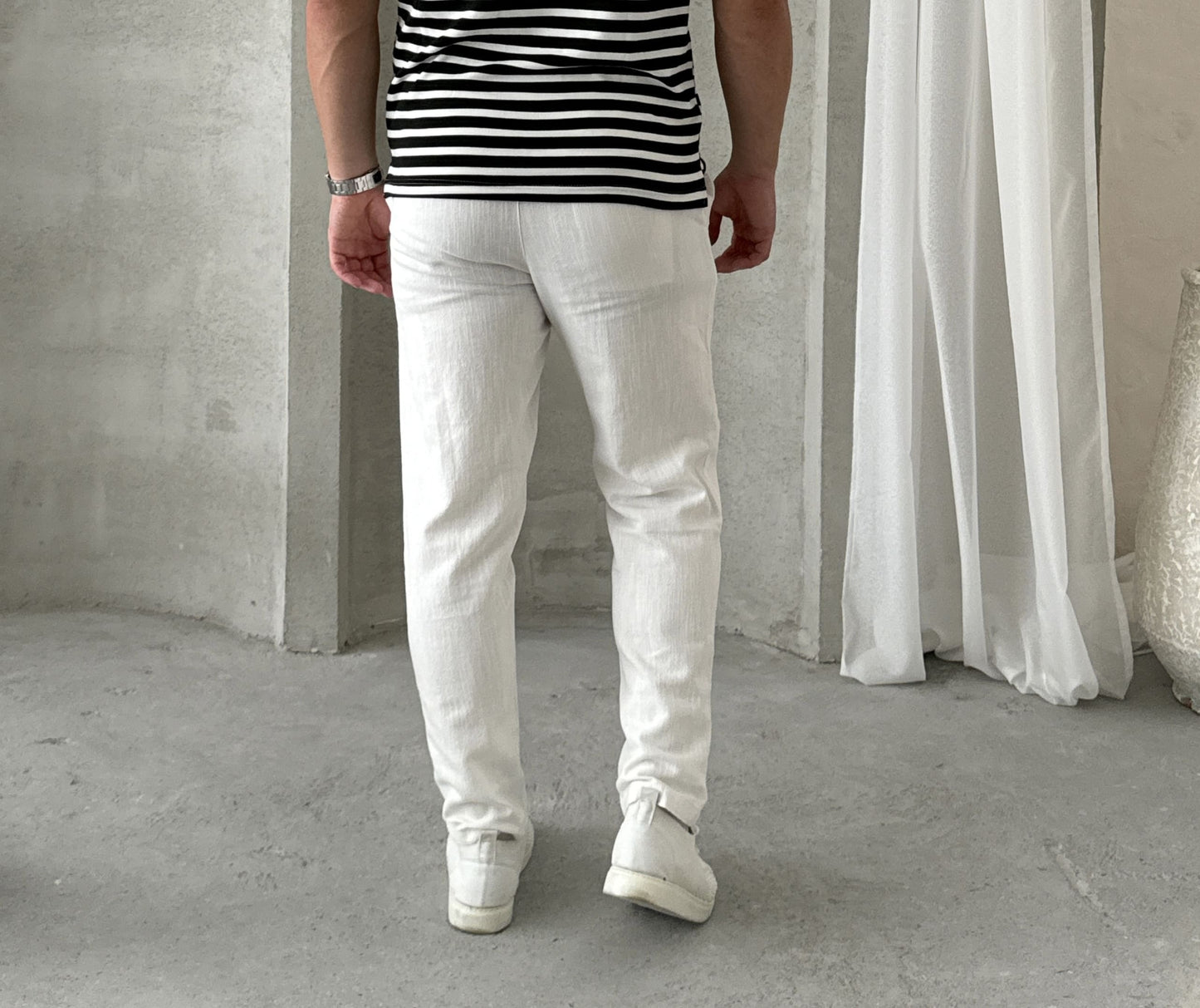 Bağcık Detay Beyaz Keten Pantolon G5098 - Bymesman